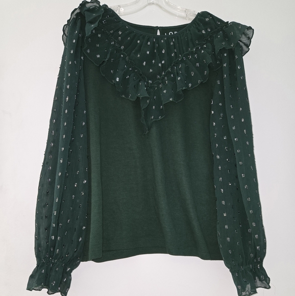 LOFT Long Sleeve Green Ruffle Top - Picture 1 of 8